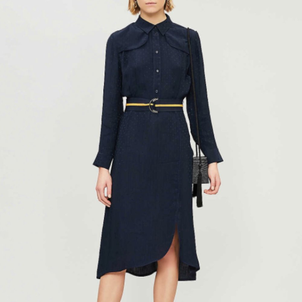 SOLD. Sandro Contrast Belt Woven Long Sleeve Dress - Picture 1 of 8
